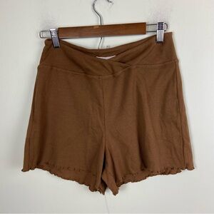 BCBG Generation Brown Neutral Ribbed Lettuce Hem Cross Front Shorts‎ Size Small